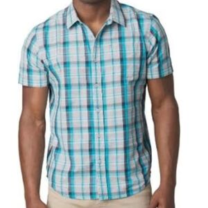 prAna Mens Shirt Small Plaid Short Sleeve Button‑Up Lightweight Blue